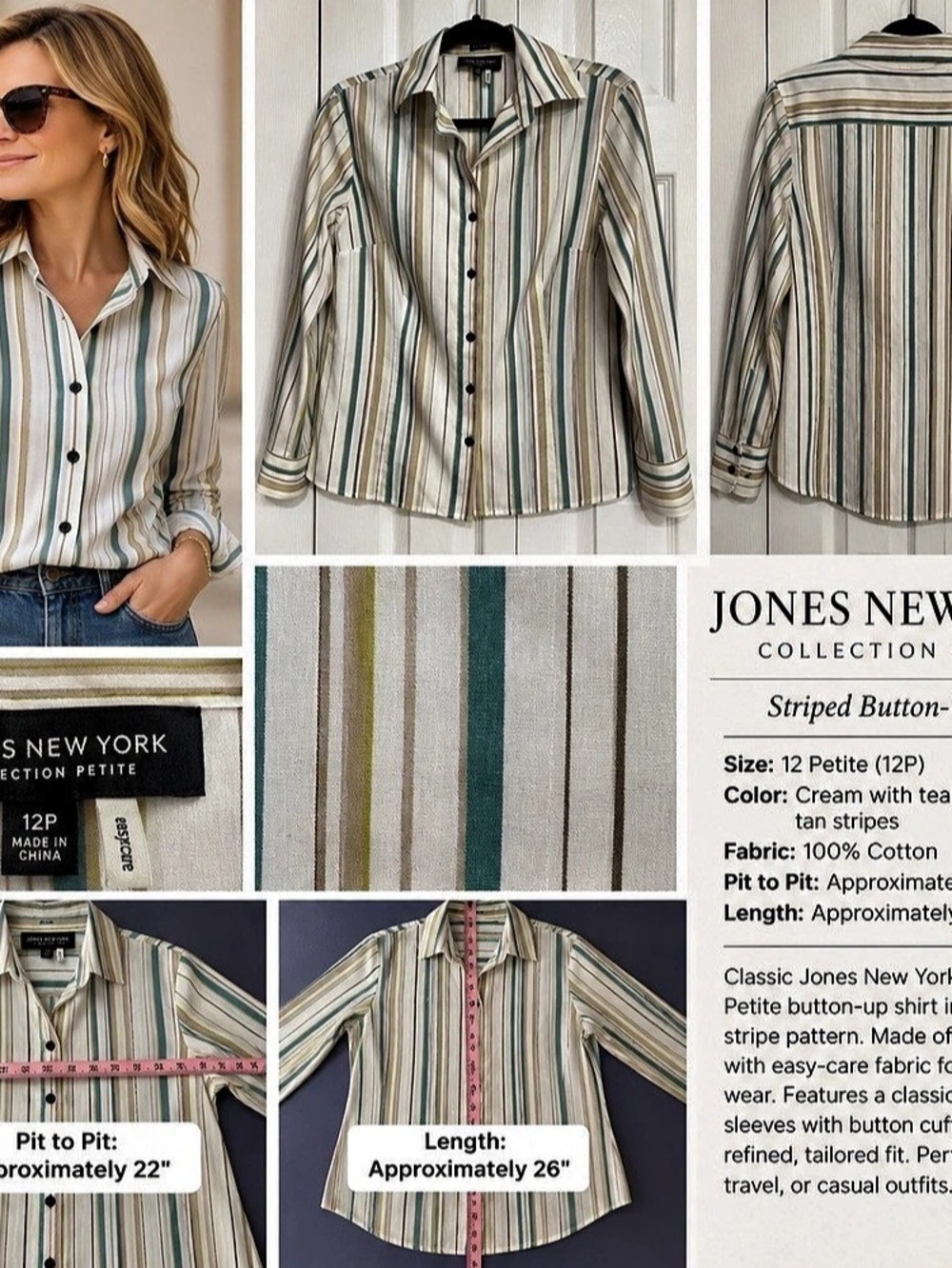 Jones New York Collection Petite Striped Button-Up Shirt Cream & Green 12P #190